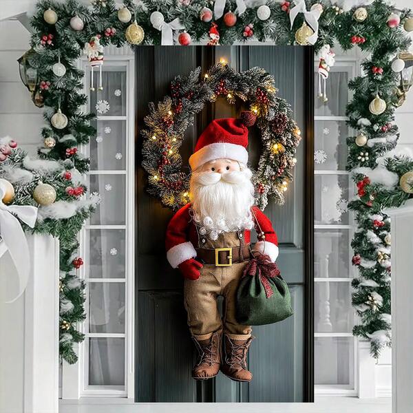 1PC Red Santa Claus & Lighted Pine Branch Christmas Wreath, Classic Festive Style Artificial Greenery Wreath With Red Berries & LED Lights Detail, Hanging Front Door Decoration For Christmas Home Decor, Holiday Party Ornament, Winter Seasonal Decor