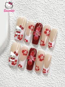 Sanrio Juego de 10 uñas francesas rojas de Sanrio, pegatinas 3D de Hello Kitty, uñas postizas de otoño e invierno, dijes de flores de cinco pétalos hechos a mano, uñas falsas lindas, gel de uñas rojo, disponible en 3 tamaños, uñas de almendra, uñas de pato, uñas de ataúd, incluye herramientas para uñas (1 hoja de pegatinas de gelatina + 1 lima de uñas) adecuado para otoño, invierno, uso diario, fiesta