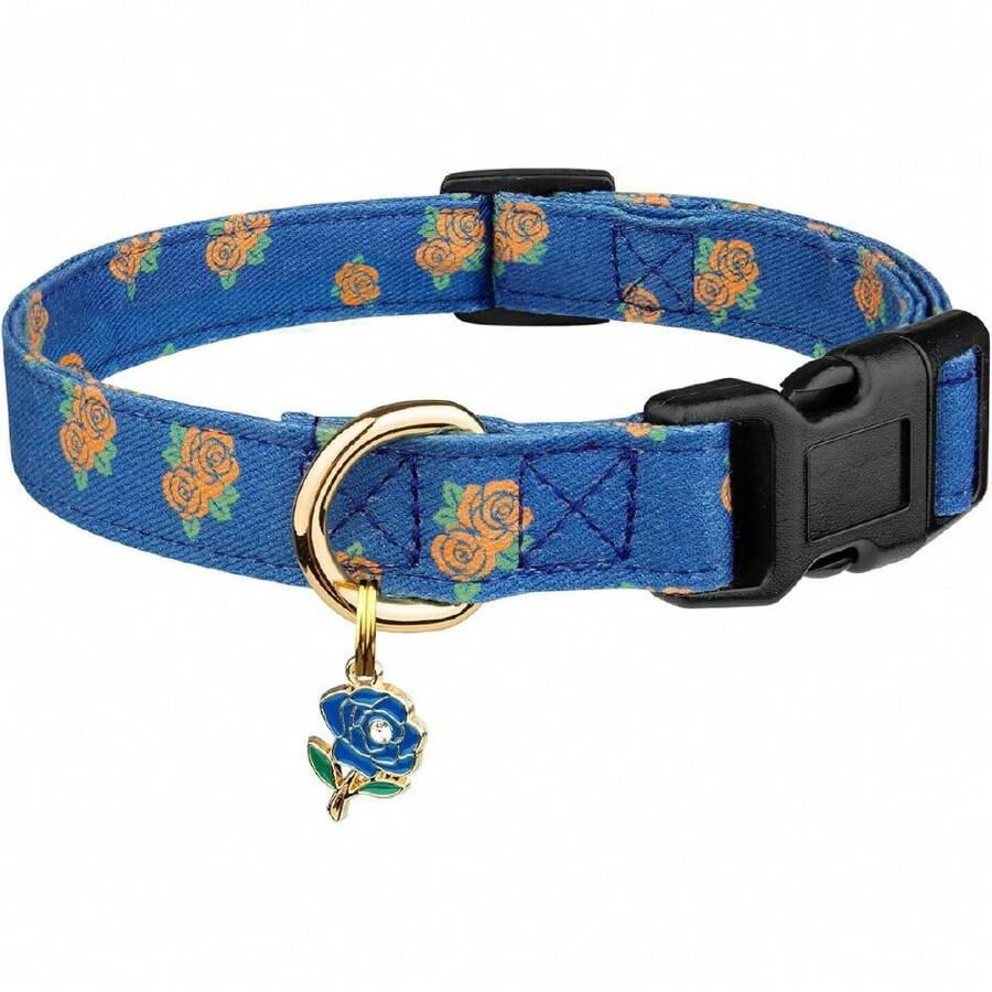 Cotton Hanade Dog Collar Cute And Distinctive Patterns Blue Rose With Pendant For Girl Boy Dogs Collars M,23864860 - Blue - View 1