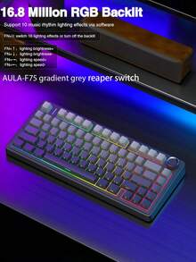 AULA Bàn phím cơ chơi game F75 Bluetooth/2.4G không dây/có dây, ba chế độ tùy chỉnh, phù hợp cho PC, Laptop. Sản phẩm có đệm phím PBT toàn bộ phím, có thể tháo lắp nóng, cấu trúc đệm viền 75%, RGB phổ thông và nhiều tùy chọn keycap. Đây là bàn phím chuyên dụng cho văn phòng, chơi game và thể thao điện tử. - Nhiều màu - Xem 14