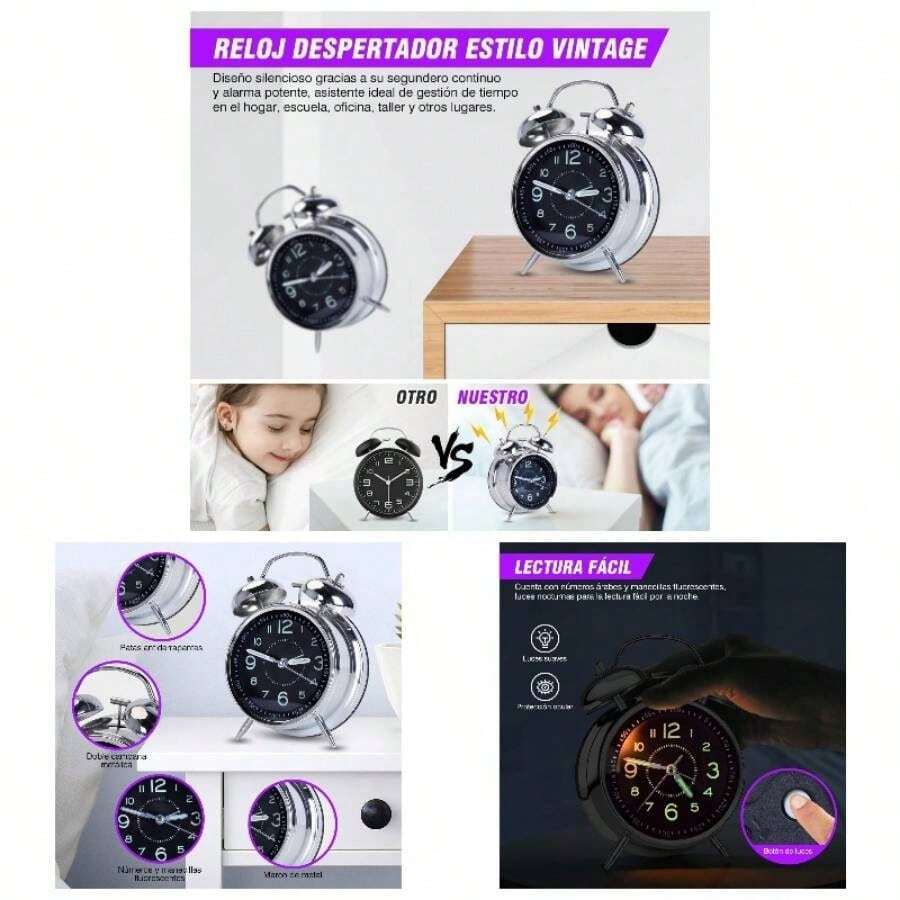 Reloj Despertador Analgico Retro Noctilucente, Campana Doble Vintage, Non - Ticking Silencioso, Retroiluminacin - Regalo De Navidad Negro - Negro + 4,65 pulgadas - Ver 1