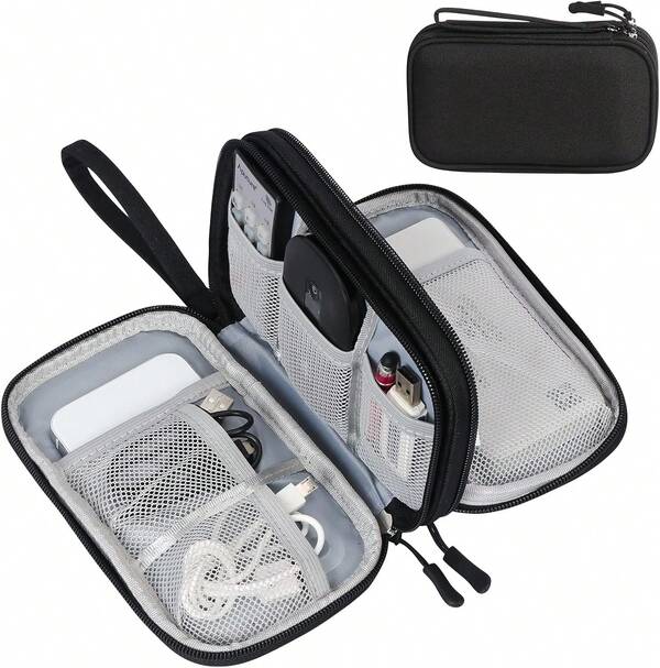 Travel Cable Organizer Pouch Electronic Accessories Carry Case Portable Waterproof Double Layers All-In-One Storage Bag For Cord, Charger, Phone, Earphone Black