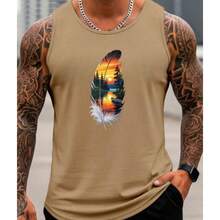 Men's Short Sleeve Summer Tank Top 100% Cotton Basic Round Neck Tank Top - 卡其色 - 查看 2