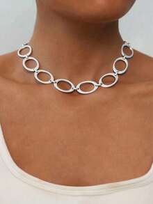 1pc Matte Silver Asymmetric Chunky Necklace, Suitable For Women's Daily Wear - Silver Chunky Circle Necklace - View 3