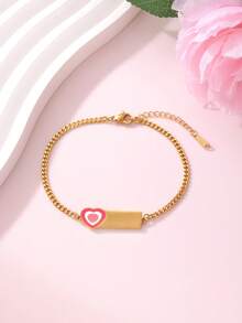 1pc Customized 18K Stainless Steel Colorful Enamel Multi-Element Letter Heart Bow Laser Engraved Bracelet, Suitable For Women, Daily & Holiday Gift