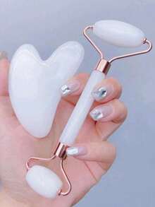 1 /2 Facial Beauty Massage Tool Set, Made Of Resin, Including Roller Massager And Scraper, Suitable For Body And Back, And Available In Pink/White.