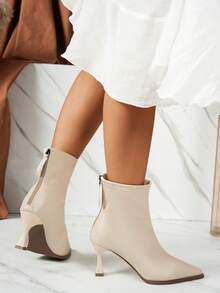 女士高跟细跟米色踝靴，时尚踝靴，简约通勤靴，适合秋冬季节，经典后拉链真皮踝靴，冬靴，猫跟靴 - 米色 - 查看 4