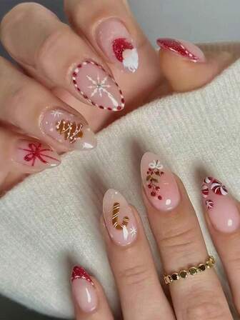 Julnaglar, 24 delar per set, mandelformade julröda franska tips, julkollektion, polkagris- och julgransdesigner, press-on korta naglar, lämpliga för fräcka tjejer, kontorsdamer, fester, dejter, vardagskläder och festliga tillfällen