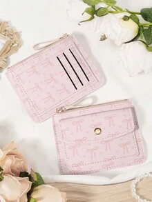 Pink Bow Love Pattern Bag,Elegant Wine Red Leather Card Holder With Flip Closure & Multi-Card Slots – Premium Short Wallet For Credit Card, Bank Card, And Coin Storage, Durable & Scratch-Resistant, Perfect For Travel, Shopping, And Gifting To Girlfriend, Mother, Or Teacher - Pink - View 4