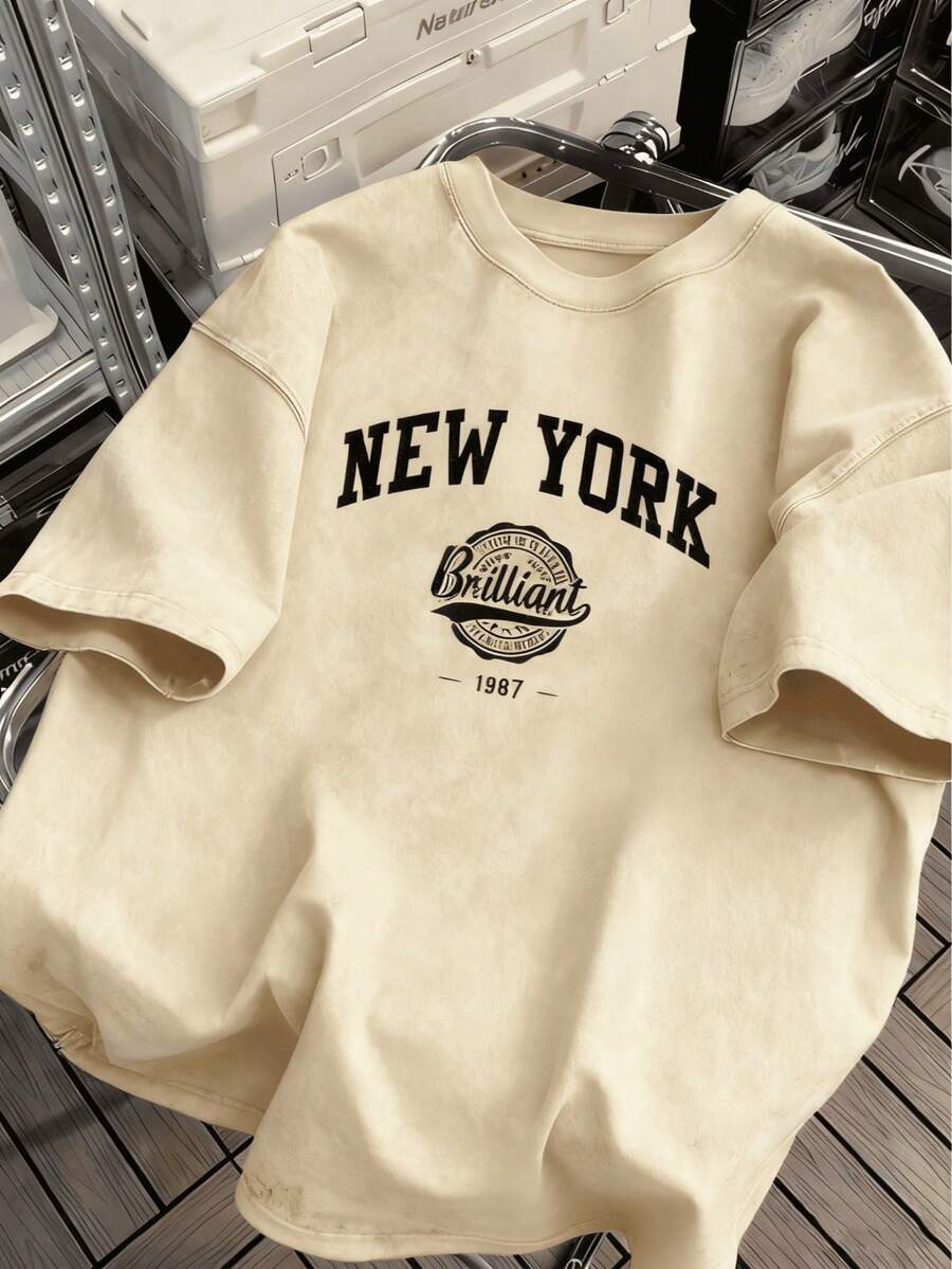 1PCS Men's Heavyweight 230g/M²% Cotton Loose T-Shirt - Round Neck Short Sleeve Casual Bohemian Style With New York Pattern Print And Vintage Letters, Available In Plus Sizes, All-Season Comfortable, Machine Washable Casual Clothing (Large And Tall Sizes) - Suitable For Layering And Daily Matching - Black/White/Grey/Navy Blue/Red/Brown, Geometric And Text Designs, Adult Relaxed Fit, Street Style, Breathable Material, Durable Construction-Premium Cotton Graphic Printed Round Neck T-Shirts-365T - Màu be - Xem 1