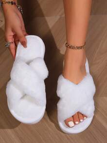 1 Pair Of Women's Suede Cross Slippers, Soft And Lightweight Indoor Home Shoes, Silent Carpet Slippers - trắng - Xem 12