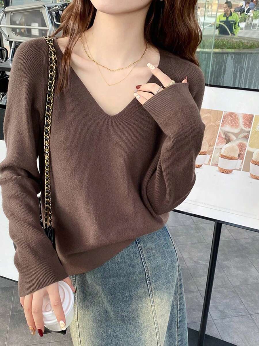 Suéter versátil de cuello en V sencillo para mujer, apto para otoño/invierno