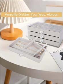 Elegant And Gorgeous Velvet Three-Layer Jewelry Storage Box With Drawers Jewelry Display Stand With Diamond Handle Rectangular Desktop Display Box Travel Portable Waterproof Dustproof Easy To Clean Plastic Earring Stand Suitable For Home Decoration Girls Dormitory Suitable For Halloween And Christmas Gifts