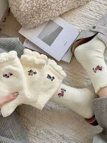 4双秋冬保暖卡通腊肠犬可爱拖鞋袜，女士舒适袜子 - 白色 - 查看 4