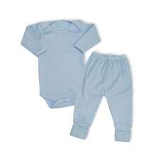 4 Piece Set Long Sleeve Bodysuit With Booties, Hairband And Ribbed Knit Pants / Baby Girl Set With Booties And Hair Bow Blue BB - Blue - View 3