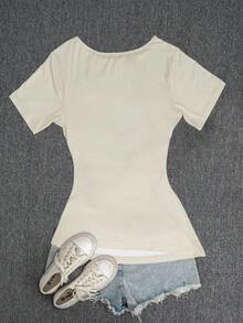 春夏年轻女装 Y2K 风格舒适时尚休闲宽松字母数字印花圆领T恤 - 杏色 - 查看 3