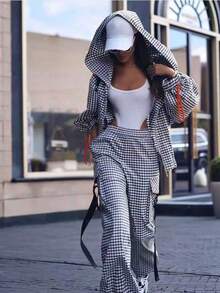 Autumn/Winter New Houndstooth Casual Loose Jacket & Plaid Cargo Pants Set For Women, British Style Summer - Black and White - View 1
