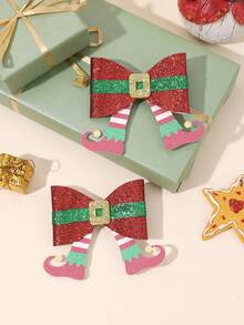 2pcs Christmas Sparkly Glitter Hair Bow For Baby Girls Christmas Glitter Elf Leg Bow Hair Clips Christmas Bling Bow Alligator Clips New Year Party Hairpins Cute Barrettes Gift Baby Hair Accessories - Multicolor - View 8
