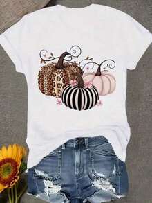 Thanksgiving Animal & Letter Print T-Shirt, Casual Short Sleeve Top For Spring & Summer, Women's Clothing Comfort Tops - White 1 - View 12