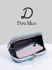 优雅的泪珠蓝珍珠晚装手拿包，适合旗袍的高端订婚手提包，配有金属链，优雅的女士派对手拿包适合舞会、婚礼、毕业舞会、正式晚宴/宴会，完美搭配女士毕业舞会礼服、毕业舞会配饰、亮片礼服、闪亮礼服、女士优雅礼服。 - 藍色 - 查看 3