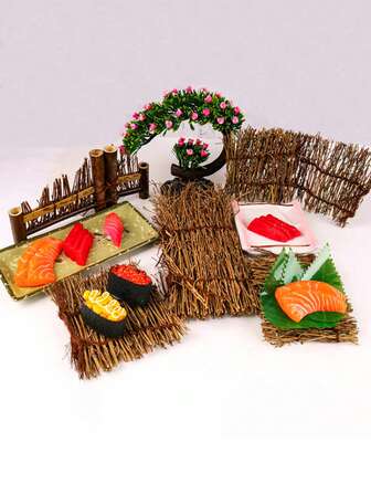 天然竹编织盘子套装 - 生鱼片寿司装饰竹栅栏，韩式烧烤装饰品，经典风格，无需电池，非常适合水果、小吃等，精致实用，寿司吧配件 | 竹装饰 | 经典风格，竹盘