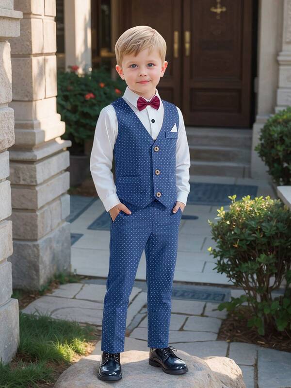 4pcs Kids Formal Suit Set: Shirt, Vest, Pants, Bow Tie, Boys Wedding/Party/Holiday Attire, Suitable For All Seasons, Halloween, Christmas