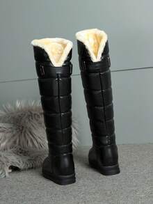 Women's Waterproof Over-The-Knee Snow Boots, Comfortable Platform Flat Shaft Thick Fur Lined Warm Plus Size Boots, Winter - Black - View 6