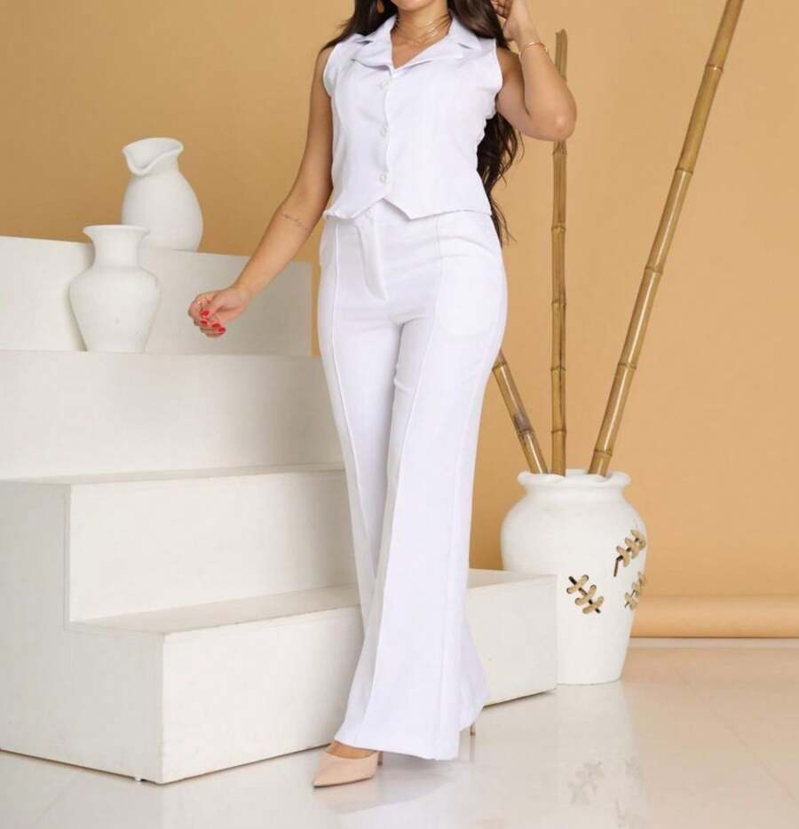 Elegant Tailored Vest And Wide-Leg Trousers Set - 白色 - 查看 1