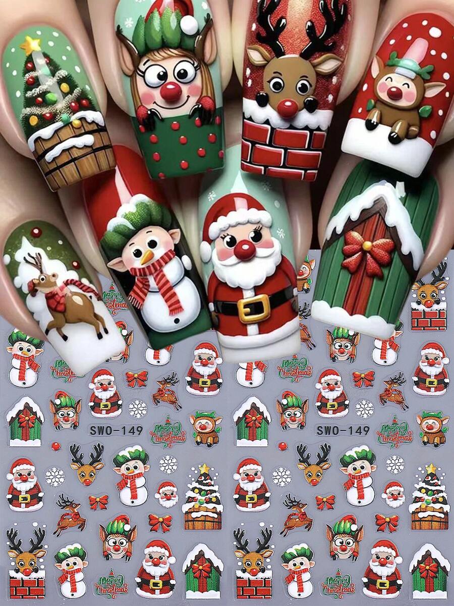 ملصقات أظافر كرتونية ثلاثية الأبعاد 5D، 2 قطعة، زينة عيد الميلاد بتصاميم كيوت لحيوانات الغزلان وبابا نويل والثلج والشجرة والرجل الثلجي والقوس والغزلان، ديكورات جل للأظافر وصالونات التجميل، ملصقات شتوية لعيد الميلاد والسنة الجديدة