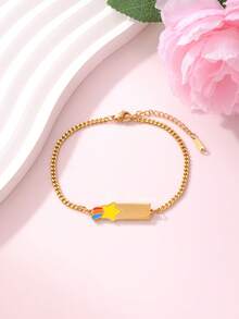 1pc Customized 18K Stainless Steel Colorful Enamel Multi-Element Letter Heart Bow Laser Engraved Bracelet, Suitable For Women, Daily & Holiday Gift