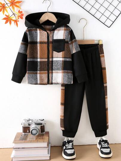 2pcs Young BoyAutumn Winter Casual Outfit Set - Plaid Hooded Zip-Up Jacket And Plaid Jogger Pants