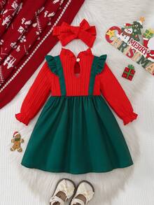 2 Stück Baby Mädchen Weihnachts-Outfits: Rot gestrickter Jacquard Rüschenkragen bestickter Buchstaben Langarm-Oberteil kombiniert mit grünem Schleifen-Weihnachts-Muster 2-in-1 Trägerkleid, mit rotem Jacquard-Stirnband, Frühling/Herbst