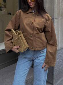 Áo khoác da lộn giả ngắn cho nữ, cổ ve áo một hàng khuy, phù hợp cho mùa thu/đông - màu nâu - Xem 3