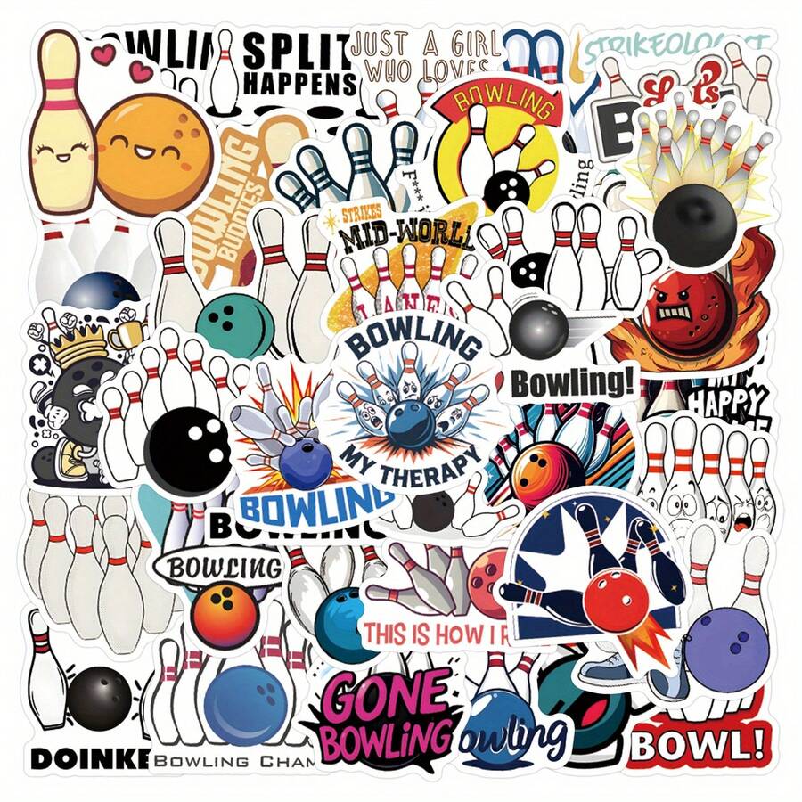 55pcs Cartoon Bowling Stickers Graffiti Vinyl Decals For Luggage, Water Bottles, DIY Skateboard, Bags, Helmets, Self-Adhesive - Multicolor - View 1