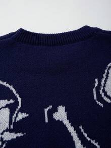 ANDREILEE Men's Casual Dinosaur Print Crew Neck Loose Fit Pullover Sweater, Versatile Street Style, Suitable For Spring, Autumn, Winter - Navy Blue - View 7