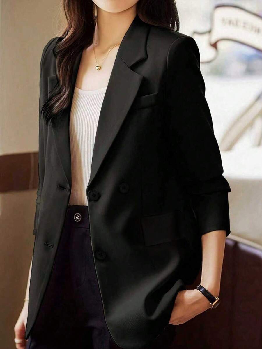女士黑色梭织面料西装外套，长袖，前襟纽扣，常规长度，打造精致优雅的春季造型 - 黑色 - 查看 1