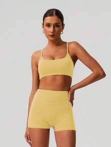 Sodalemon Women 2Pcs Fitness Sets Backless Padded Sport Bra No Front Seam Outdoor Cycling Shorts Elastic Gym Training Sport Set - Màu vàng - Xem 9