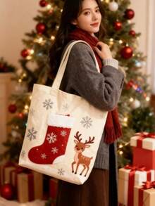 Customized Christmas Deer Women's One Shoulder Canvas Tote Bag - Multicolor - View 12