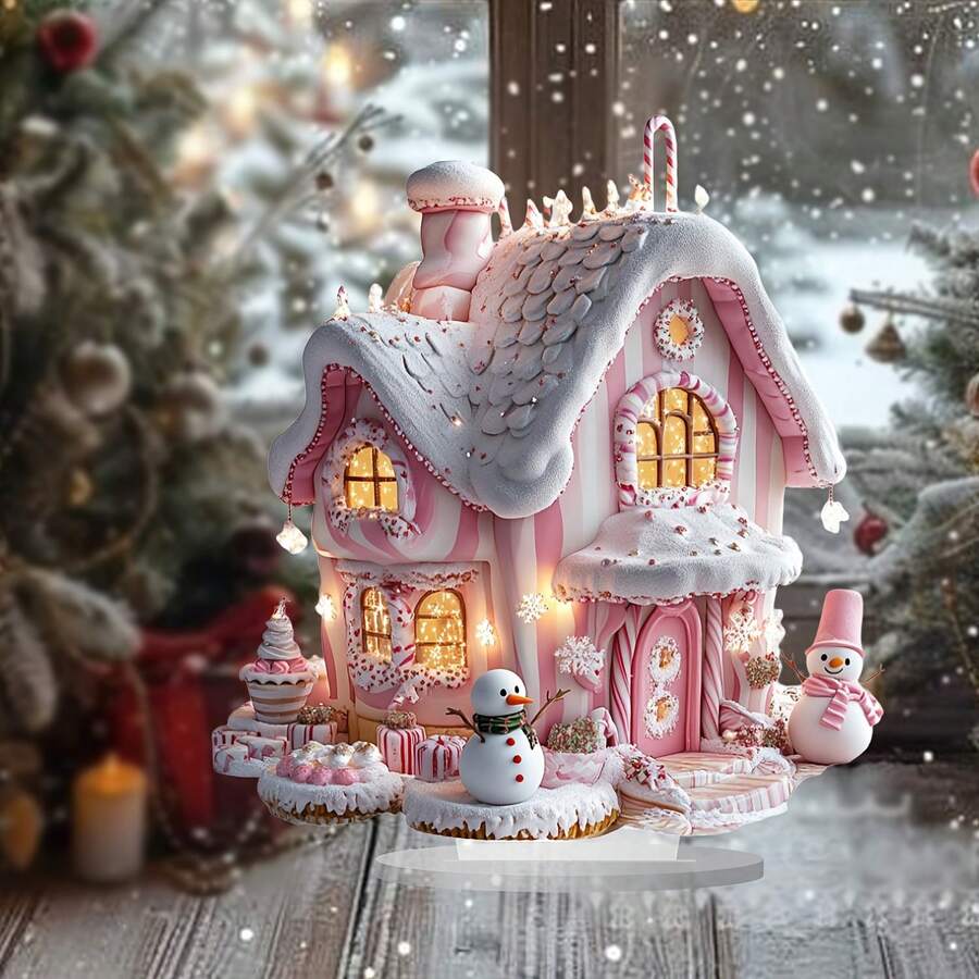 1 件波西米亚风格亚克力粉色冰屋，带雪人灯冬季仙境圣诞装饰，适用于家庭、咖啡厅、办公桌 - 带圣诞老人主题的多功能桌面装饰
