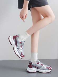 女士春秋新款运动厚底运动鞋，网面透气厚底浅口坡跟休闲鞋，轻便百搭时尚休闲鞋，系带白色，灰色，运动鞋，适合所有季节，酒红色，尺码36-41 - 酒紅色 - 查看 8