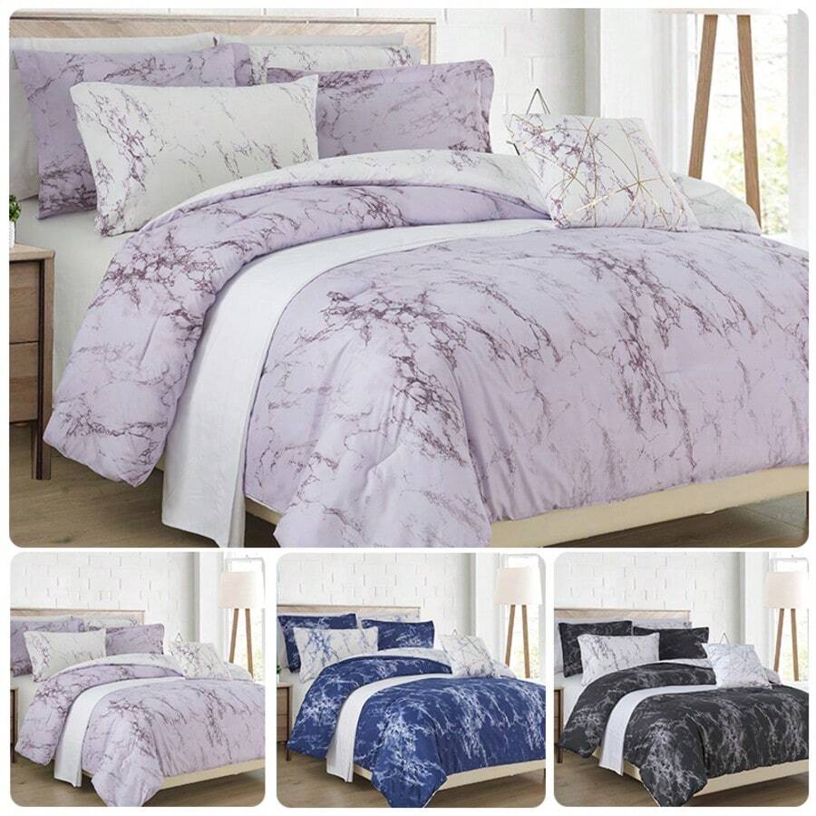 Elegant Comfort Luxurious 10pcs Marble Comforter Set Includes 6pc Sheet Set With Double Sided Storage Pockets Soft Breathable, Easy Care Quilt Comforter Sets, Full/Queen, King/California King And Twin/Twin XL Size Bed With Stylish Decor And Accessories Bed In A Bag For All Seasons, Christmas Decorations Gifts, Cozy Winter Styles, Holiday Décor - Tử đinh hương/Trắng - Xem 1