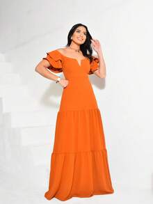 Long Off-The-Shoulder Dress With Ruffles, V-Neckline, Elegant, Charming Sleeves - Naranja Quemada - Ver 7