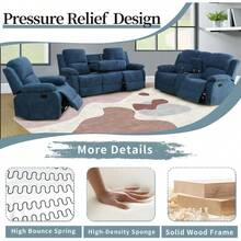 Reclining Living Room Furniture Set, Linen Fabric Recliner Couch Set, Manual Reclining Sofa And Loveseat With Recliner Chair Blue, Sofa+Loveseat+Chair