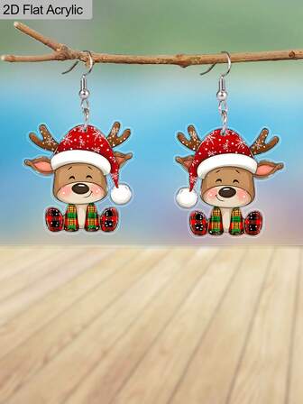 1 对可爱彩色圣诞麋鹿小鹿戴圣诞帽亚克力耳环女士时尚亚克力吊坠耳环圣诞耳环节日耳环 Y2K 耳环节日派对礼物新年礼物