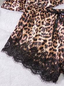 Valentine's Day Gift 2 Pcs Set Of New Leopard Print Women's Sexy Lingerie Adjustable Straps V-Neck Women's Top & Bow-Decorated Boxer Shorts Loose Satin Comfortable Home Sleepwear Set - Leopard - View 6