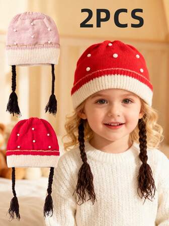 2pcs/Set 4-12 Years Old Kids Faux Pearl Decor Pink & Red Knitted Hats, Autumn/Winter, European & American Style, Warm & Soft, Suitable For Girls, Casual & Chic