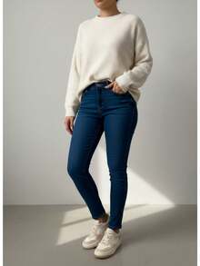 Pantalón Mujer Casual Slim Tela Elástica Bolsillos Button Zipper Ajustado Sin Estampado  Primavera Verano Diario Pantalón - Azul oscuro - Ver 1