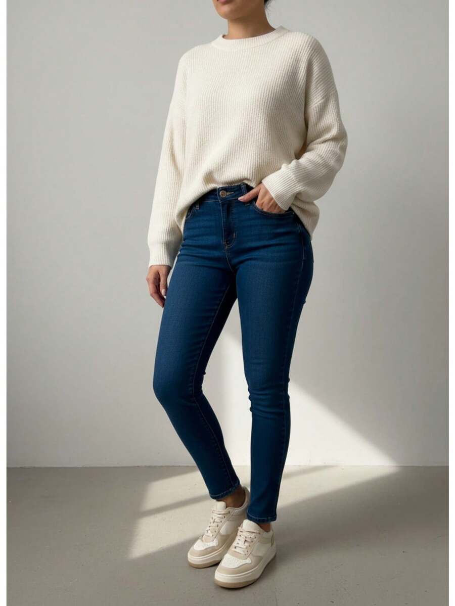 Pantalón Mujer Casual Slim Tela Elástica Bolsillos Button Zipper Ajustado Sin Estampado Primavera Verano Diario Pantalón - Azul oscuro - Ver 1