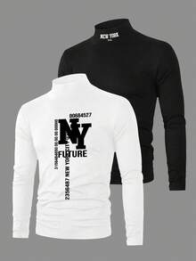 Purechapter 2 Peças Camiseta de Manga Longa com Gola Careca e Estampa de Letra para Meninos Pré-Adolescentes, Versátil para Uso Casual e Esportivo, Outono/Inverno