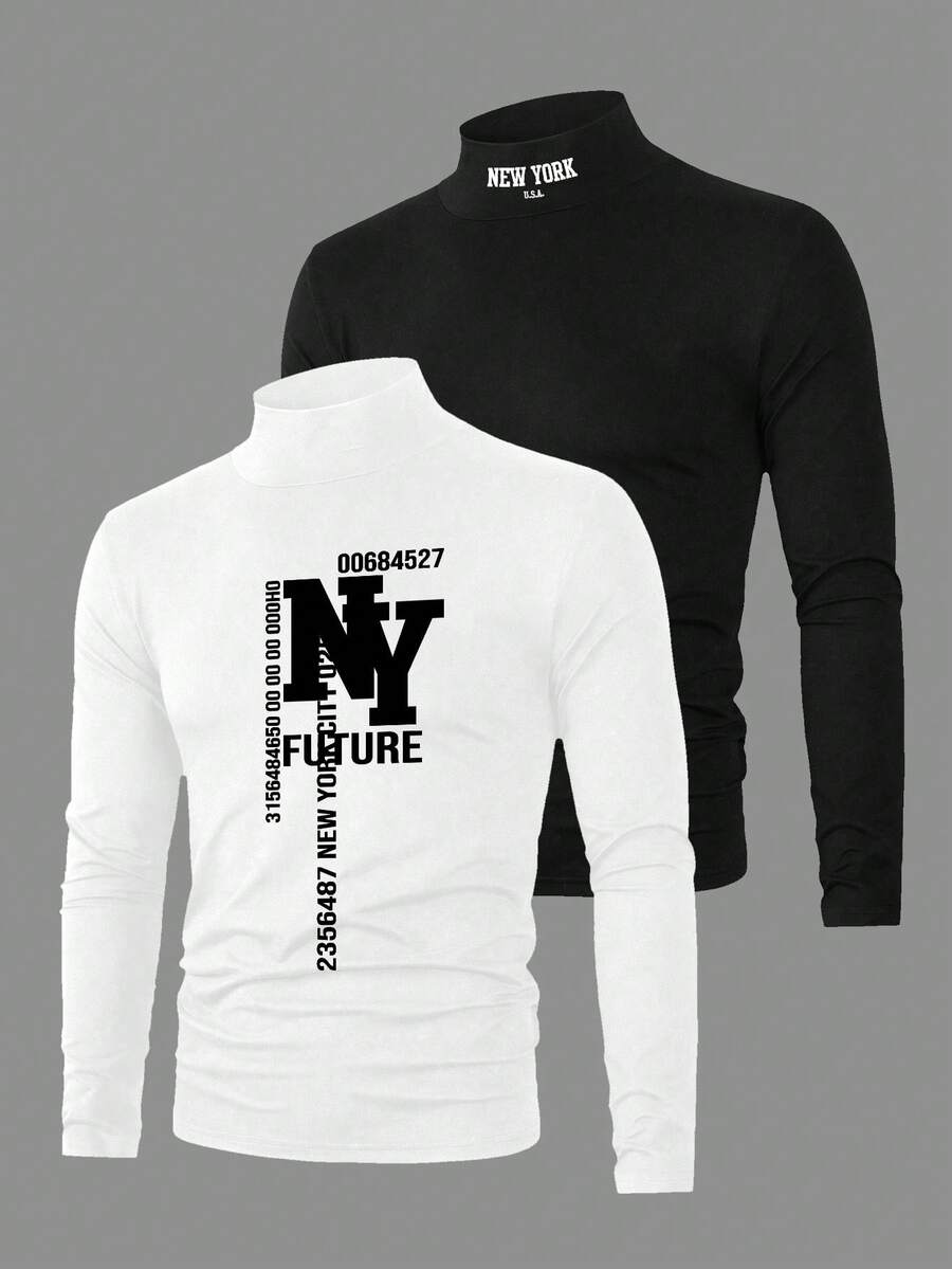 Purechapter 2 Peças Camiseta de Manga Longa com Gola Careca e Estampa de Letra para Meninos Pré-Adolescentes, Versátil para Uso Casual e Esportivo, Outono/Inverno